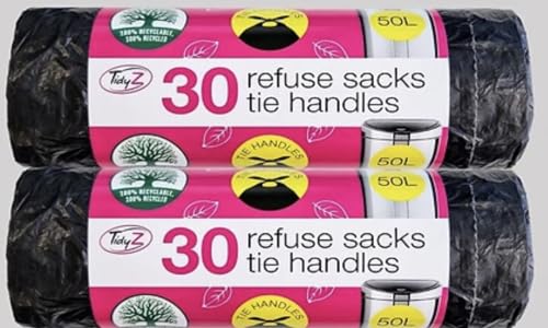 Tidyz Tie Handles Kitchen Bin Liners, Plastic, Black, 10 x 10 x 10 cm