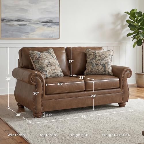 Image of Signature Design by Ashley Shadsburne Rustic Faux Leather Loveseat with Nailhead Trim and 2 Throw Pillows, Brown