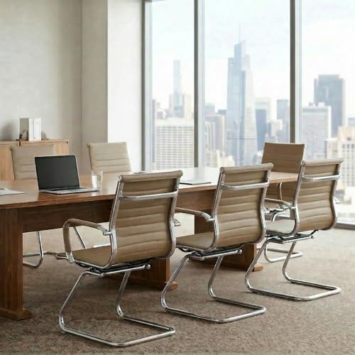 Image of Waiting Room Chairs Set of 8, Office Desk Chair No Wheels, PU Leather Computer Chairs Mid Back Guest Chairs for School Reception Conference, Light Brown