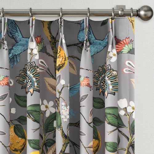 Image of Floral Grey Pinch Pleated Blackout Curtains,Mid Century Botanical Printed Curtains 96 Inches Long for Living Room Bedroom,Vintage Floral Lemon Hummingbird Colorful Drapes, 2 Panels
