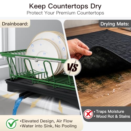 Image of JASIWAY Green Dish Drying Rack in Sink with Drainboard and Utensil Holder