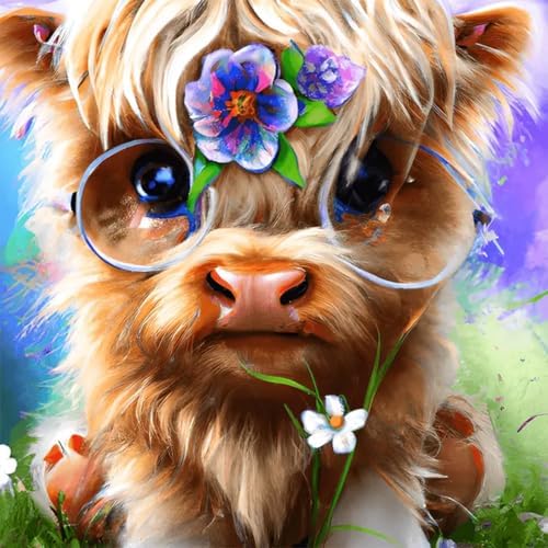 Cow Diamond Painting Kits for Adults, Full Drill Flowers Cow Diamond Art Kits for Beginner, DIY 5D Animal Diamond Dots Kits Crystal Craft for Home Wall Art Decor 12×12 inch