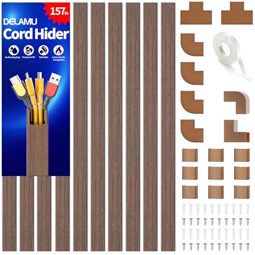 Image of Delamu 157in Cord Hider Wall, TV Cable Hider Cord Covers for Wires on Wall, Large Cable Cover Raceway to Hide 2-4 Cords, Wire Hiders Wire Covers for Cords for TV on Walls, W1.18 H0.6in, Cherrywood