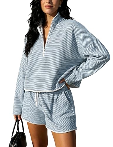 Image of Bozanly Two Piece Outfits for Women Trendy Long Sleeve Tops Shorts Set