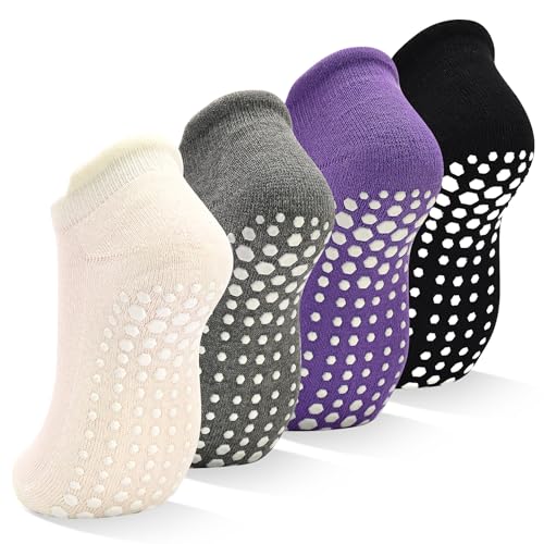 Image of SkiBeaut Grips Non Slip Socks for Women, 4 Pairs Yoga Pilates Anti Skid Woman Hospital Gripper Socks (5-12)