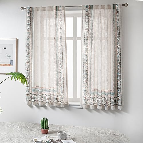 Image of MYSKY HOME Linen Sheer Curtains 63 Inch Length for Bedroom Boho Farmhouse Curtains Decorative Window Treatment Draperies Back Tab for Kitchen /Nursery /Bathroom, 50 inch Wide, Teal, 2 Panels