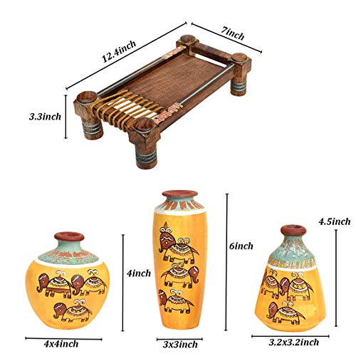 Image of Aakriti Art Creations Terracotta Vases Set of 3 with Wooden Chowki Stand | Handmade Flower Vases | Yellow Madhubani Happy Elephant Art Decorative Vases | Matte Finish Home Decor Items for Living Room
