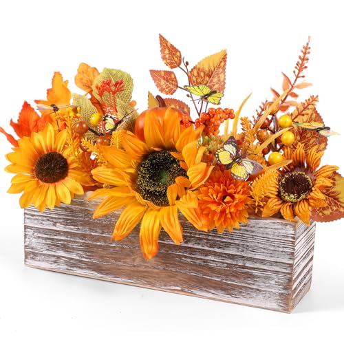 Fall Table Centerpieces Artificial Fall Flower Arrangements Wooden Crate, Autumn Tiered Tray Decorations Rustic Fake Fall Flowers for Autumn Harvest Thanksgiving Tiered Tray Shelf Table Home Decor