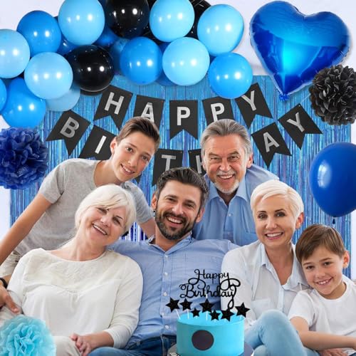 Blue and Black Happy Birthday Party Decorations kit for Boys Men Women with Happy Birthday Banner, Fringe Curtain,Foil Balloons,Cake Topper for birthday decor (blue black) - Image 5