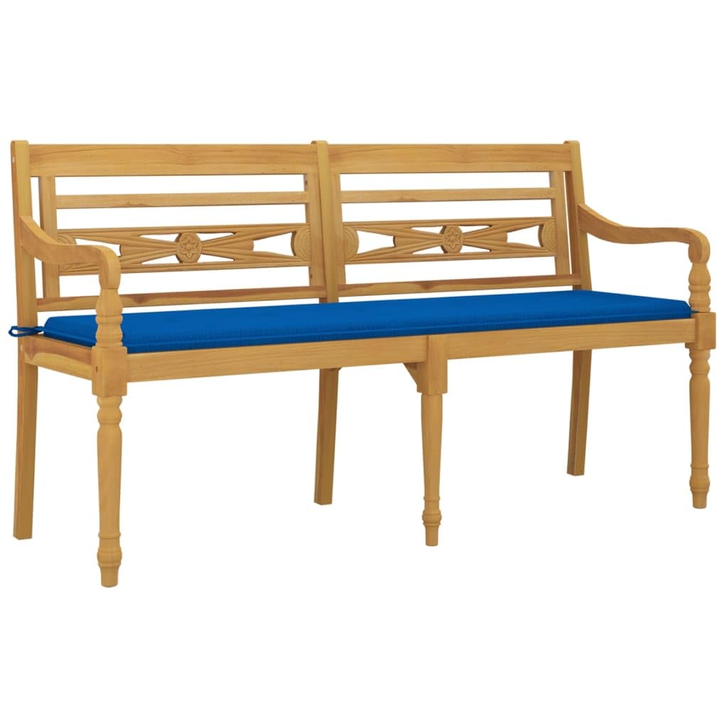 Batavia drewniana ławka z poduszką w kolorze królewskiego błękitu 150 cm, lite drewno tekowe do ogrodu, ławka do siedzenia z podłokietnikami i oparciem, eleganckie wzornictwo do użytku na