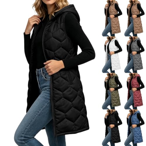 XOGWVJ Vest for Women Lightweight Womens Puffer Vest Long Hooded Quilted Sleeveless Winter Coat Full Zip Warm Longline Vests with Pockets Fall Clothes Black L