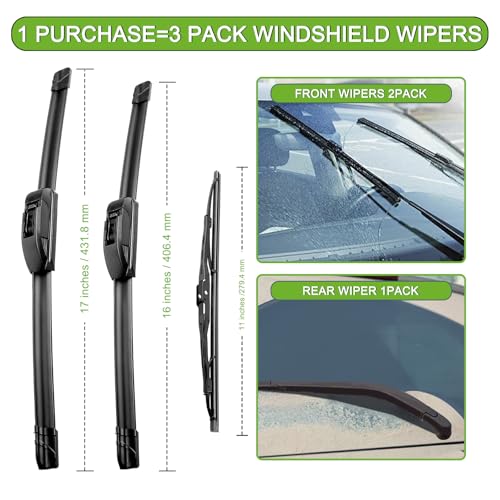 PARRATI® Windshield Wipers for Hummer H3 2006-2010,17"+16" Front and 11" Rear,OEM Replacement Wiper Blades,Quiet & Streak-Free(Set of 3) by PARRATI - Image 3