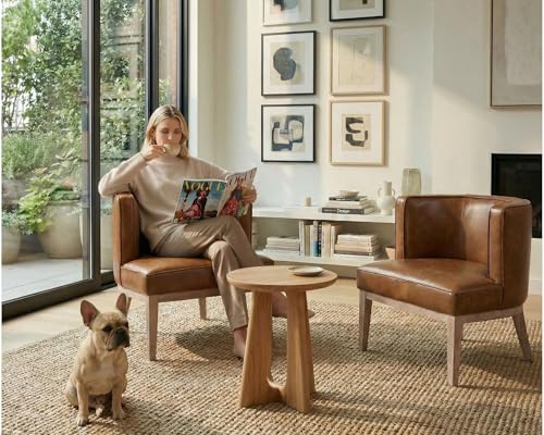 Image of Brown Leather Barrel Chairs Set of 2 with Solid Wood Frame, Small Round Accent Chairs Set of 2, Comfy Linen Accent Chairs for Living Room