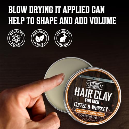 Image of Viking Revolution Coffee & Whiskey Hair Clay for Men - Matte Finish, Texturizing Clay Pomade for Men with Jojoba Oil and Vitamin E - Effortless Hair Styling Cream - Strong Hold, Natural Finish (2 oz)