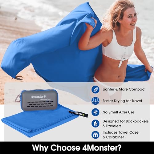 Image of 4Monster Quick Dry Travel Towel with Case & Carabiner - Super Absorbent Microfiber Gym & Camping Towel. Compact, Lightweight, Fast Drying for Beach, Swimming, Hiking, Backpacking