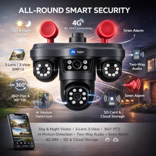 Image of Maizic Smarthome TRIGENIE Siren 4G Black 5MPx3 Triple Lens AI PTZ Outdoor Security Camera | 360 Pan View | Color Night Vision | Human Detection | 2-Way Audio | IP67 Waterproof