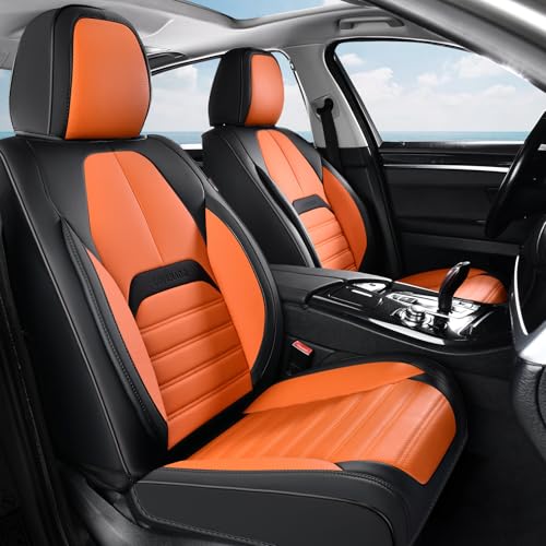 Image of Coverado Waterproof Nappa Leather Car Seat Covers, Automotive Seat Covers,Front Car Seat Cushion & Car Seat Protector, Seat Covers Universal Fit for Most Cars, SUVs,Trucks,Black&Orange
