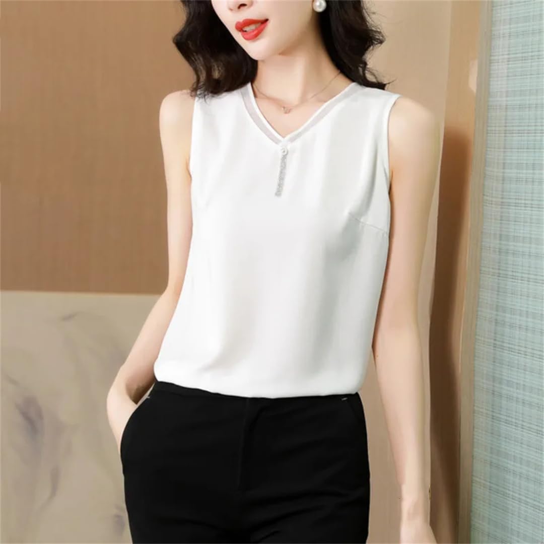 Top estivo da donna con scollo a V in chiffon senza maniche
