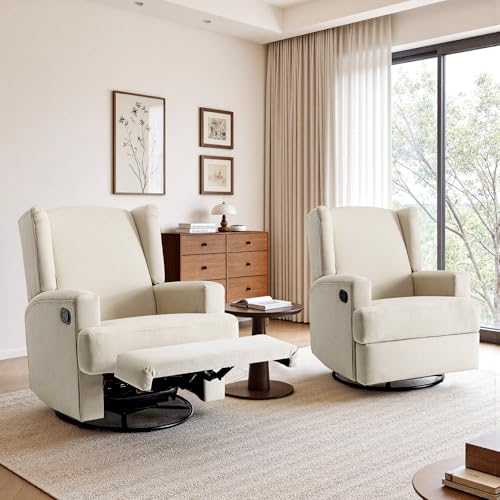 Image of Swivel Rocker Recliner Chairs Set of 2, 360 Swivel Wingback Recliner Chairs for Adults, Upholstered Glider Rocking Chair with High Back, Deep Seat for Living Romm Bedroom, Cotton Linen, Beach