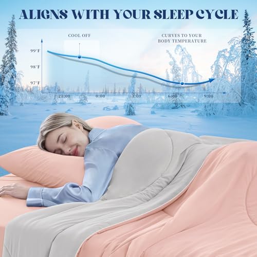 Image of Cooling Comforter Queen Size, Double-Sided Cooling Blanket for Hot Sleepers & Night Sweats, Arc-Chill Q-Max > 0.4 Breathable Ice Blanket, Lightweight Cold Comforter (80''x90'', Pink)