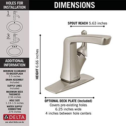 Delta Faucet Vesna Single Hole Bathroom Faucet Brushed Nickel, Single Handle, Drain Assembly, Worry-Free Drain Catch, SpotShield Brushed Nickel 15789LF-SP