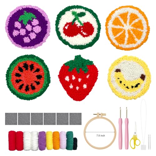Punch Needle Kit for Adults Beginners, 6-Piece Cute Fruits Punch Needle Coaster Kit – Easy DIY Embroidery Craft Set with Instructions – Fun Needlepoint Tufting for Table Decor & Festival Gifts
