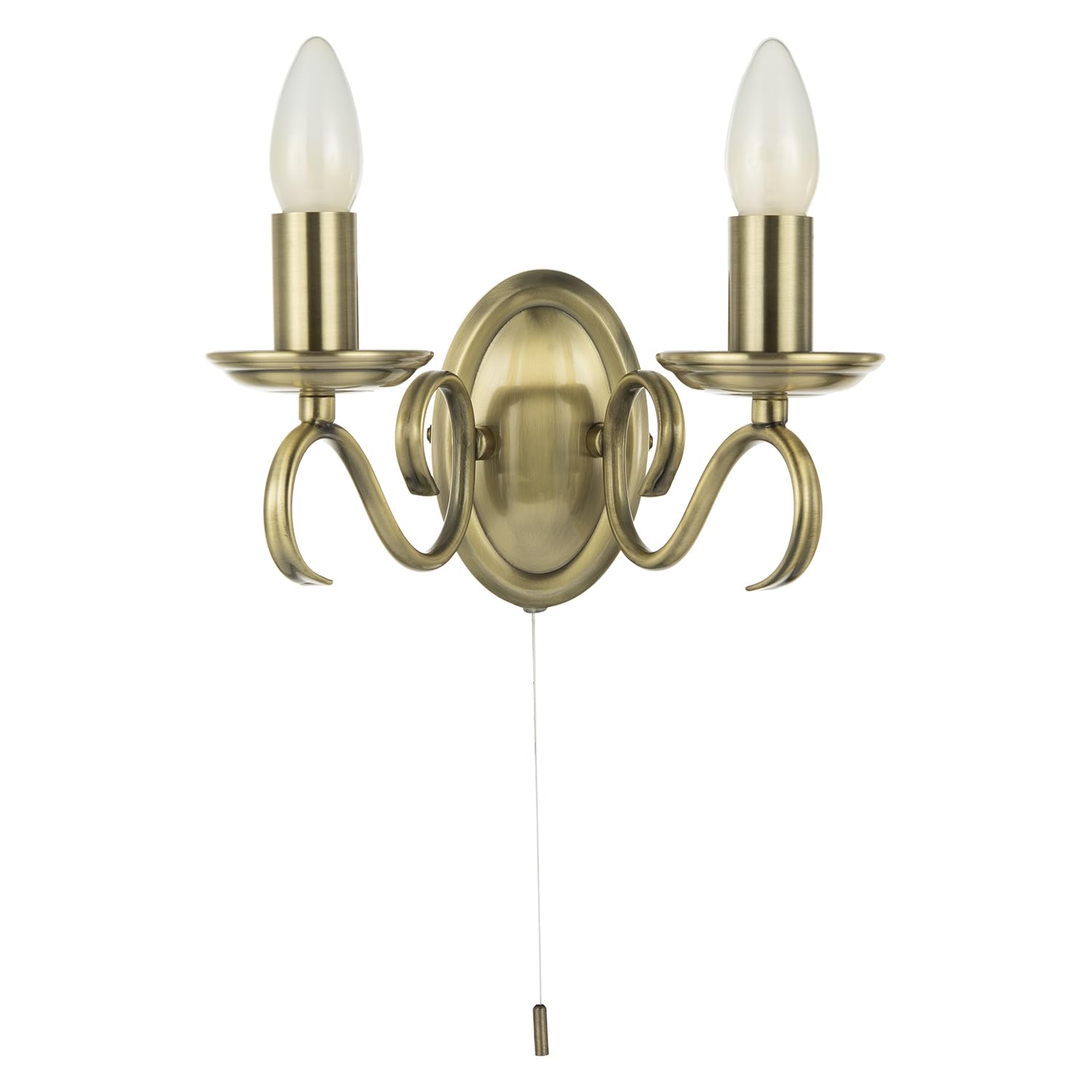 Traditional Wall Light Fitting with Pull Switch and Antique Brass Scroll Arms and Sconces | 26cm x 15cm x 12cm | 2 x 7w E14 Candle by Happy Homewares