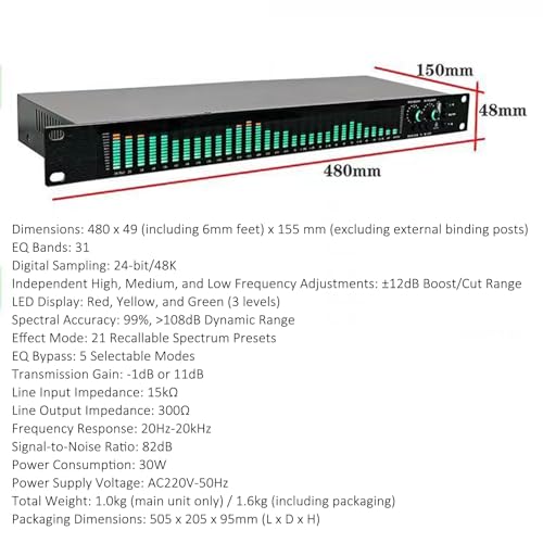 Ecualizador digital gráfico estéreo de 31 bandas, con 21 efectos preestablecidos, ajuste de graves/agudos/medios, reducción automática de ruido, montaje en rack 1U, para estudio de grabación miniatura 5