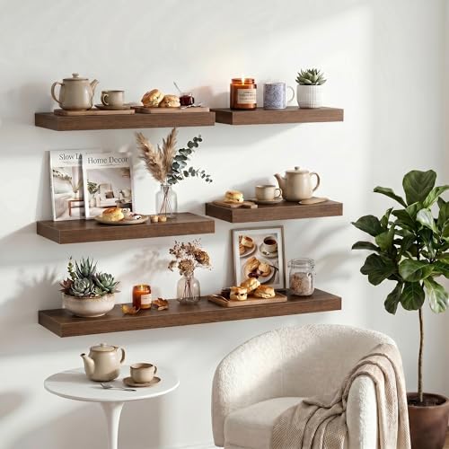 Image of Dreamland 12x12 Floating Shelves for Wall, 12 inch Deep Thicker Floating Shelves, Wall-Mounted Shelves for Bedroom, Living Room, Kitchen, Bathroom,Walnut - Set of 3