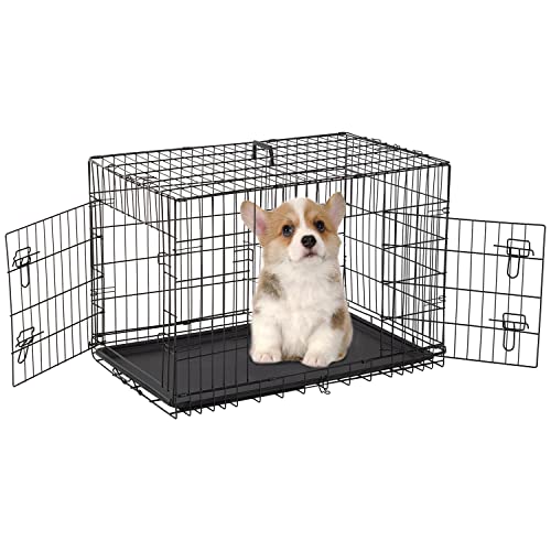 FDW Dog Crate for Medium Dogs 30 Inch Folding Metal WirePet Cage Double Door W/Divider Panel Indoor...