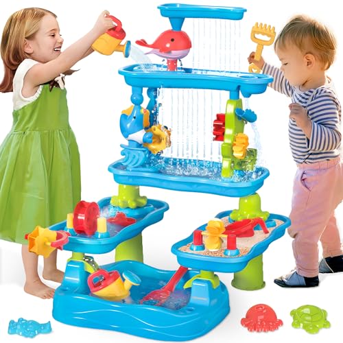 Image of BELLOCHIDDO Water Table for Kids Ages 4-8 - 5-Tier Rain Shower Splash Sand Table Toy - Summer Outdoor Pool Backyard Garden Sensory Activity Set - Outside Play Toys for Toddler Boy Girl Age 3 4 5 6 7 8