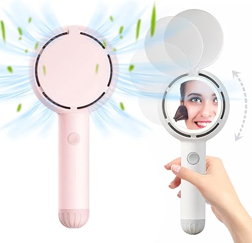 Mini ventilador de mano 3 en 1 con espejo para maquillaje, ventilador de maquillaje portátil recargable por USB, ventilador de enfriamiento personal
