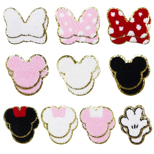 20Pcs Mouse Themed Patch Pink Mouse Chenille Patches Gold Edges Bowknot Iron On Patch for Bags Hat DIY Clothing Repair