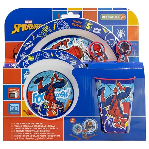 Conjunto de louça infantil reutilizável adequada para micro-ondas composto por copo, prato, tigela e talheres de Spiderman