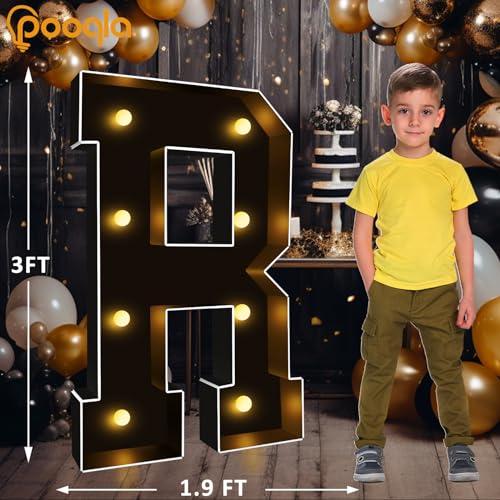 Image of Pooqla 3FT Marquee Light Up Letters, Black Large Letter R Party Decorations | LED Marquee Letters 3 Feet Tall, Black Giant Mosaic Letters Gift for Boys Men Birthday Anniversary Wedding Decoration