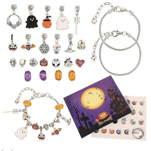 Halloween Treasures Charm Bracelet, Cute Halloween Charm Bracelet, Adjustable Horror Pumpkin Spider Ghost Black Cat Pendant Bracelets for Women, DIY Craft Decorations Gift3