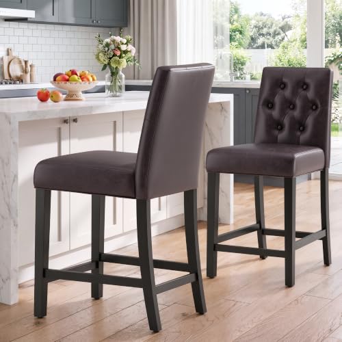 Image of MALOL Bar Stools Set of 2 Faux Leather Counter Height Bar Stools,Darkbrown