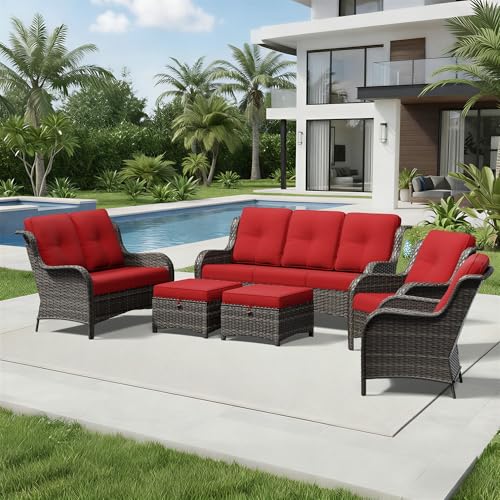 Image of Joyside 6 Piece Wicker Patio Furniture Set, Rattan Patio Chairs with High Back, Deep Seating, Wide Armrest, Thickened Cushions, Outdoor Furniture for Deck, Porch Use