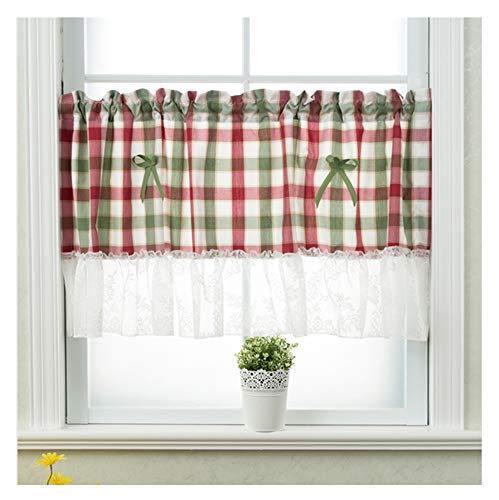 Media cortina de cocina rústica en encaje a cuadros rojos y verdes para ventanas y fregar