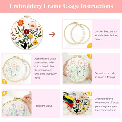 Image of Zhenqing Flower Embroidery Kit for Beginners, Floral Hand Embroidery Starter Kit with Pattern, Wildflower Needlework Craft Set with Cotton Fabric, Hoop, Threads, Needles and Embroidery Tools (C0125)