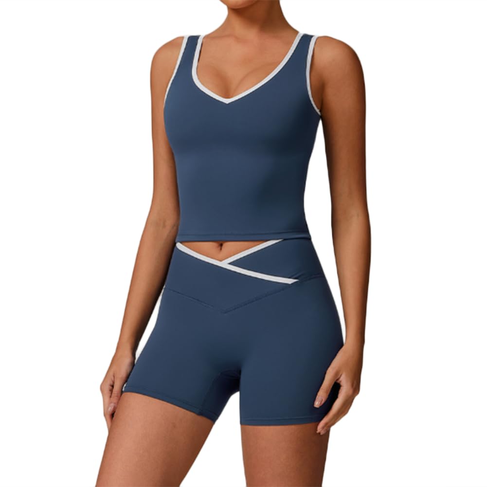 XYFfybhsd Mujer Sujetador Deportivo+ Pantalones Cortos Ocultos, para gimnasio, yoga (Size:S,Color:Blue)