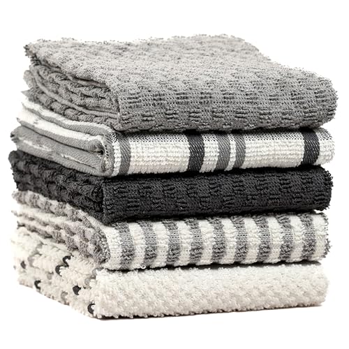 Olivia Rocco 5 Pack Terry Kitchen Tea Towels Cotton Super Absorbent Quick Drying Soft Towel Cloth, Grey