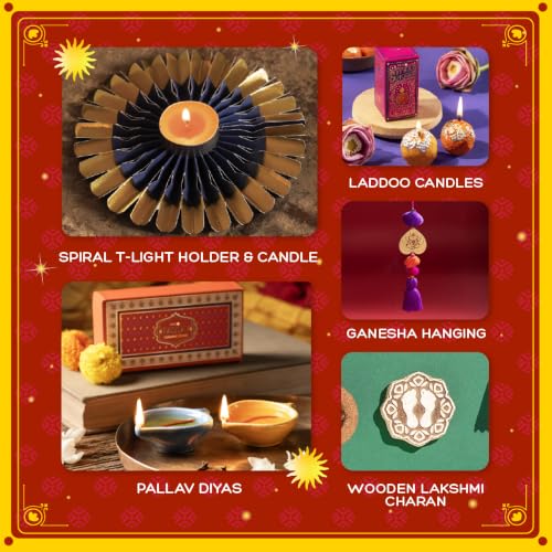 Image of Phool 15 Item Kalamkari Diwali Utsav Gift Box Ladoo, Chikky, Laxmi Charan, Incense, Havan Cup, Candles, Diya and Decor, Premium Diwali Gift Hamper for Family, Friends & Corporate Gifting