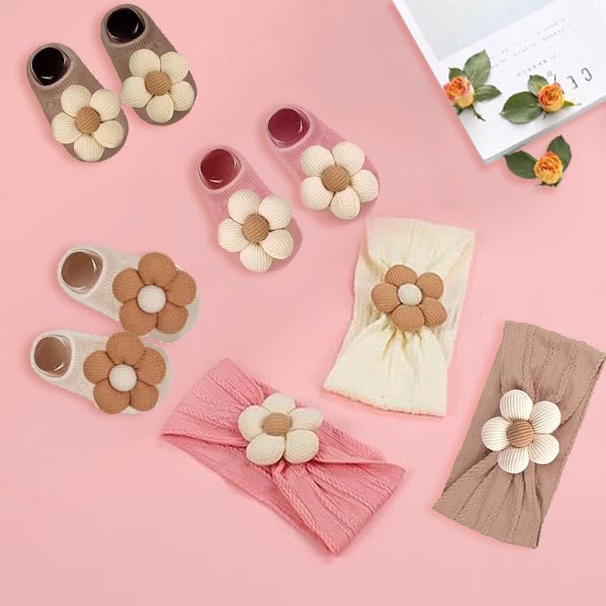 Baby Girl Cute Headband & Socks Combo - Non-Slip Floral Grips Socks & Soft Flower Nylon Hairbands, Essential Hair Accessories for Kids Infants (1-3 Years, Pink Beige khaki)