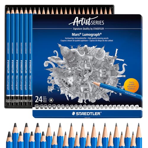 STAEDTLER Mars Lumograph Drawing Pencils: Set of 24 in Metal Case - Presharpened Graphite Art Pencils - Hardness Grades 12B-10H - For Drawing, Shading, Drafting & Illustrating - All Skill Levels