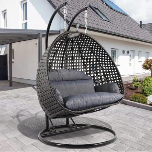 Image of Double Seater Hammock Swing Chair with Stand & Cushion | Heavy Duty Powder Coated Steel Frame | Outdoor Indoor Hanging Swing for Patio Balcony Garden Terrace Living Room (Brown-Grey)