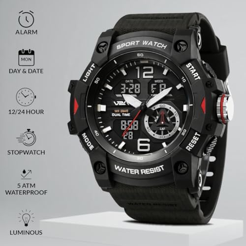Image of V2A Stryke 50mm Analog Digital Watch for Men | Rugged Guard Bezel Design | Alarm Stopwatch Backlight | TPU Sport Strap | 50M Water Resistant Outdoor Watch | Gift for Mens