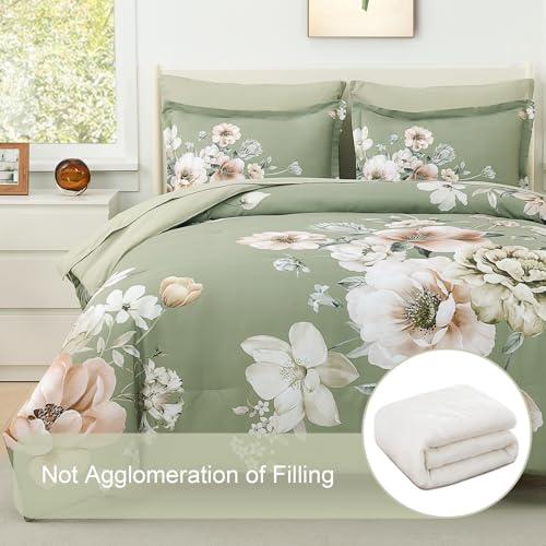 Image of Floral King Size Comforter Set - 7 Piece Botanical Green Flower Bed in a Bag Ulter Soft Microfiber Bedding Set, Lightweight Bed Comforter Set with Sheets for All Season (Green, King)