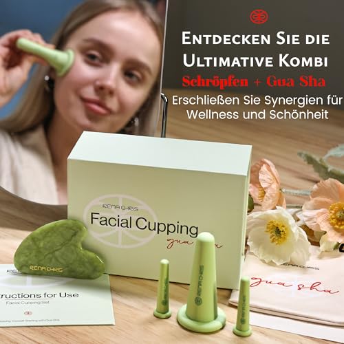 Rena Chris Gesichts-Schröpfen Set & Gua Sha Werkzeug - Silikon Schröpfgläser & Jade Gua Sha Stein für natürliche Hautpflege und Lippenaufpolsterung (Grün) 2