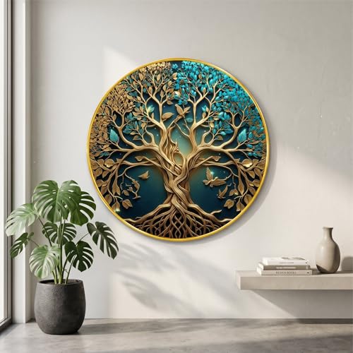 Image of SAF Tree of Life Wall Painting with Birds Golden PVC Frame Round Luxury Nature Art Modern Decorative Wall Decor for Living Room Bedroom Office Home Elegant Gift Item (20 x 20 Inch) GRL-363